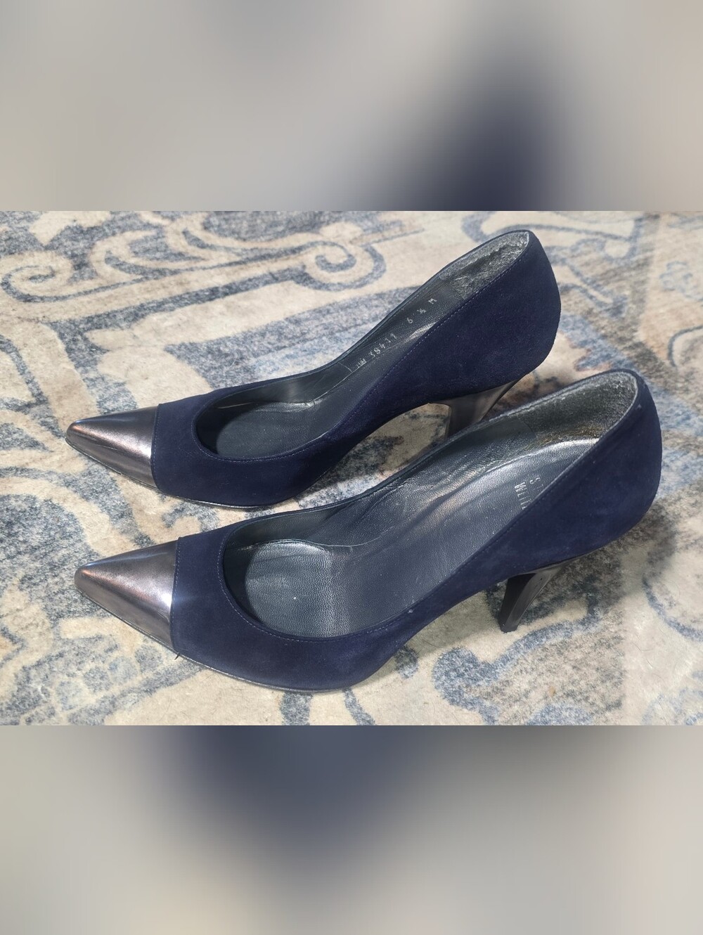 Stuart Weitzman Navy Blue Suede Metallic Cap Toe Pumps 6.5
